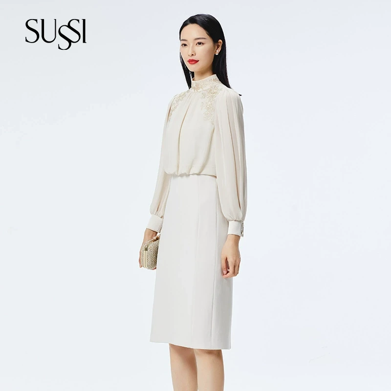 SUSSI/古色25春商场同款杏色高领刺绣假两件雪纺醋酸通勤连衣裙
