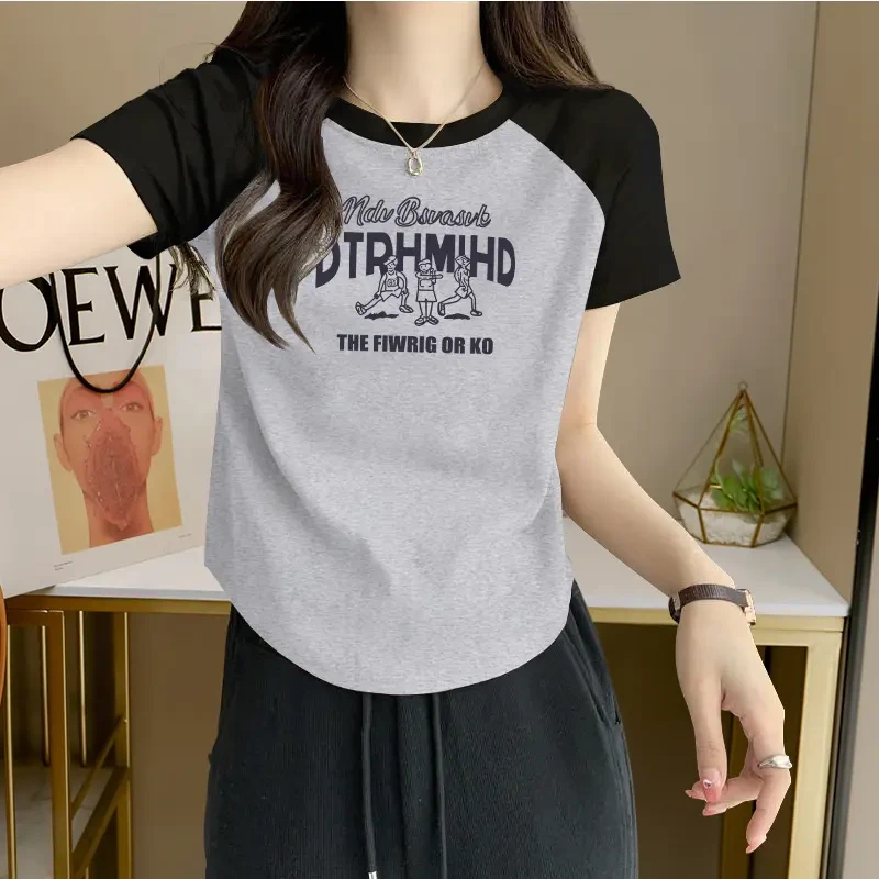 大码修身胖mm小众设计感撞色插肩袖正肩T恤女夏季显瘦印花上衣