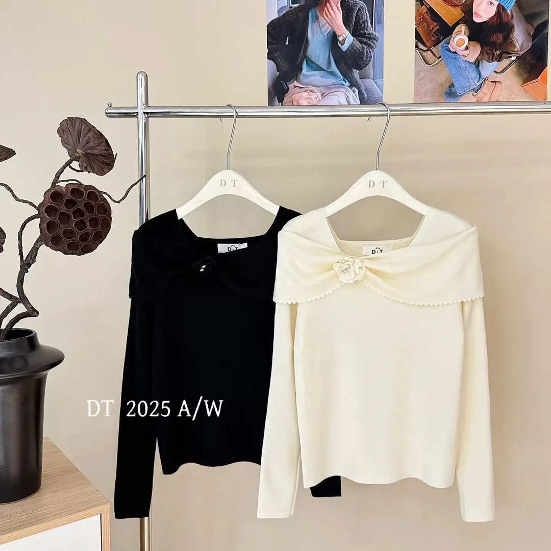 毛针织衫针织蝴蝶结毛衫拼接显瘦方领针织衫秋季