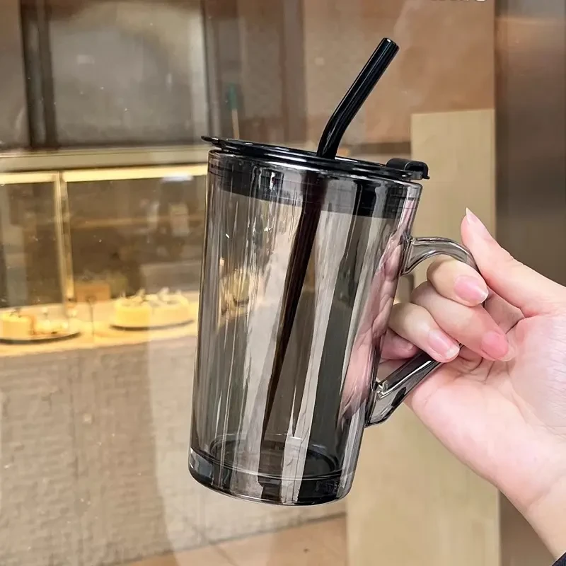 高颜值ins风简约吸管玻璃把杯男女情侣马克杯家用办公水杯子学生