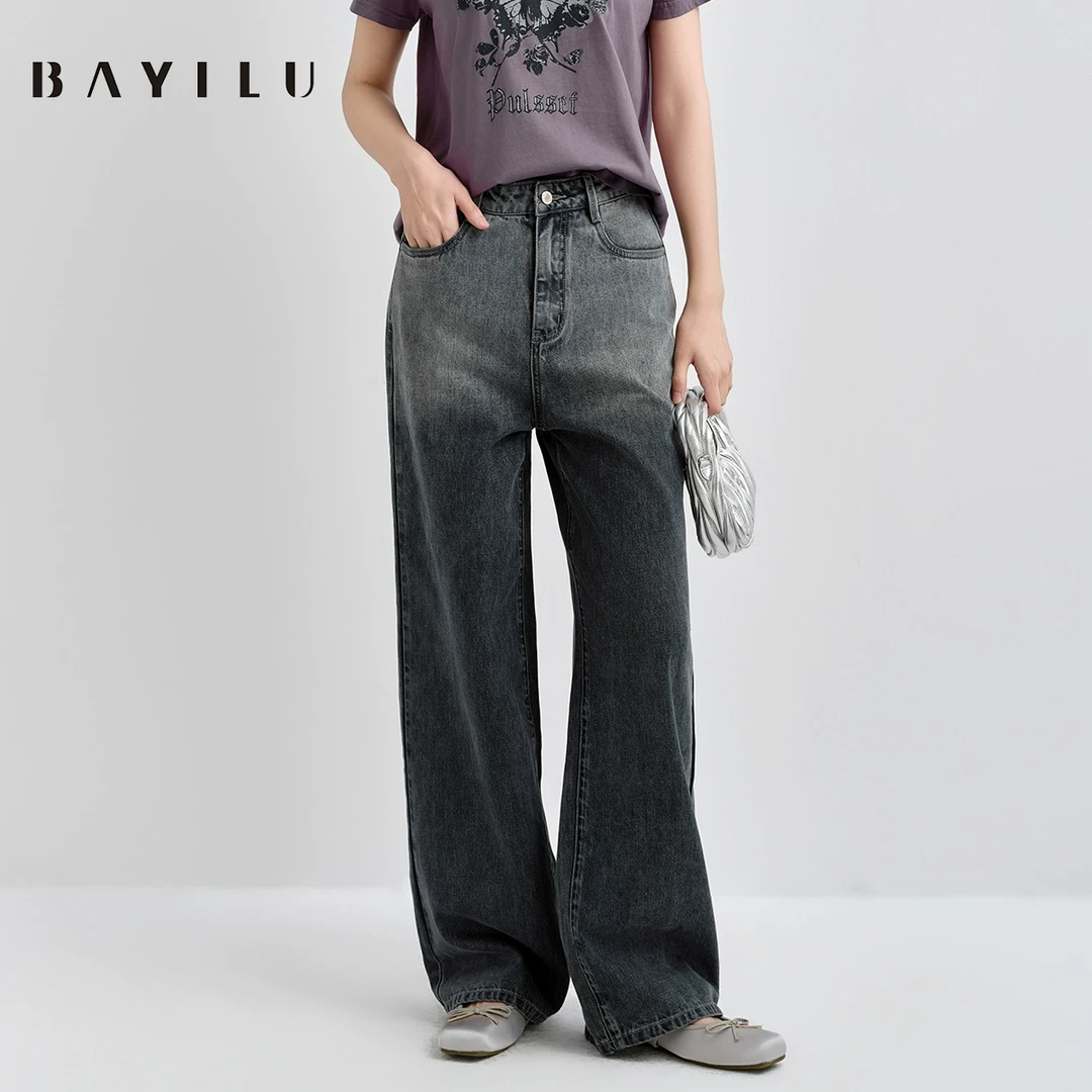 【丽姐】芭依璐2025春季牛仔裤女复古渐变阔腿裤休闲长裤91K2813