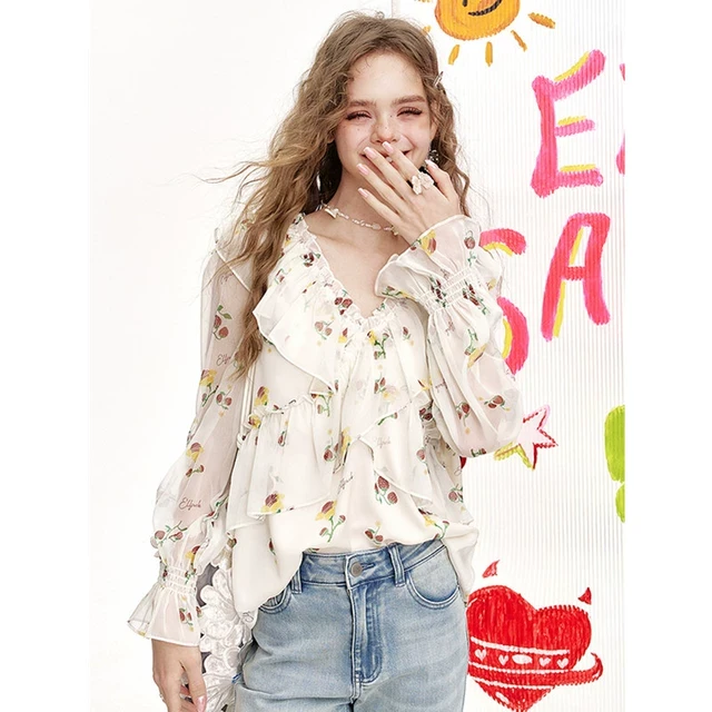 妖精的法式荷叶边草莓雪纺衫女2025年夏季新款高级感气质上衣新品