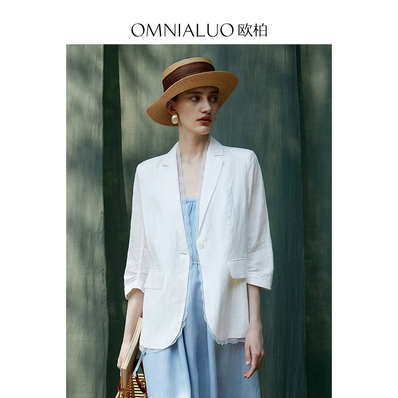 欧柏兰奴高端天然亚麻小西装外套女2025夏百搭蕾丝拼接OL气质西服