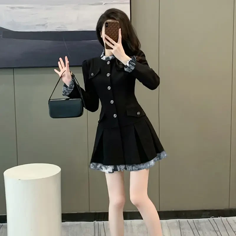 复古法式小香风连衣裙女2025新款气质拼接黑色收腰百褶A字裙