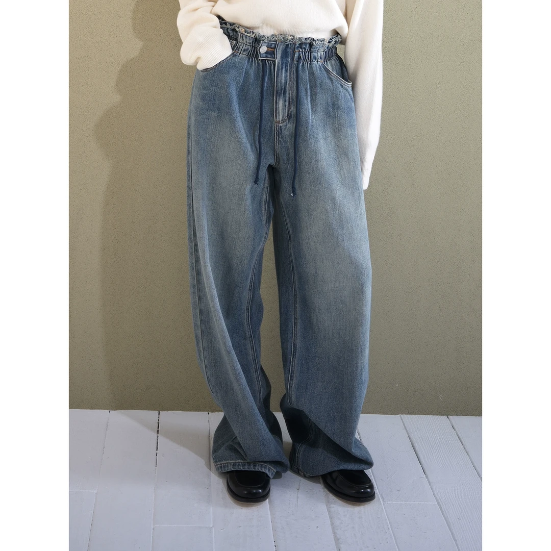 UPINLOOK颓废感 撕裂毛边+做旧水洗 女松紧腰宽管直筒牛仔裤EC402