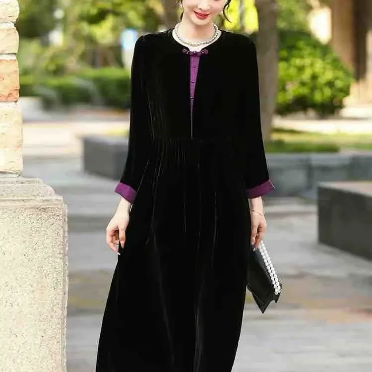 206#凝墨-真丝绒绒文艺复古长袖拼接时尚连衣裙
