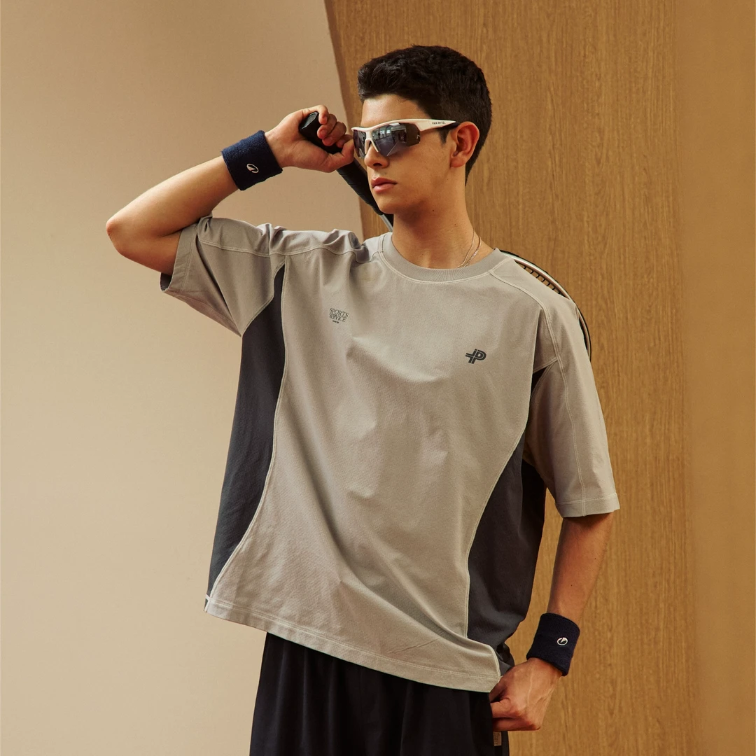 PINSKTBS「运动T恤」2025新款休闲重磅拼接裁片T恤圆领短袖T恤男