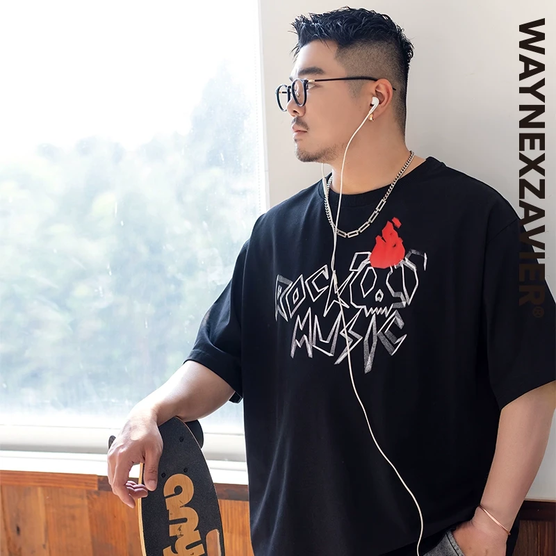 韦恩泽维尔加大宽松大码男夏圆领涂鸦卡通丝网薄印花250gT恤9198