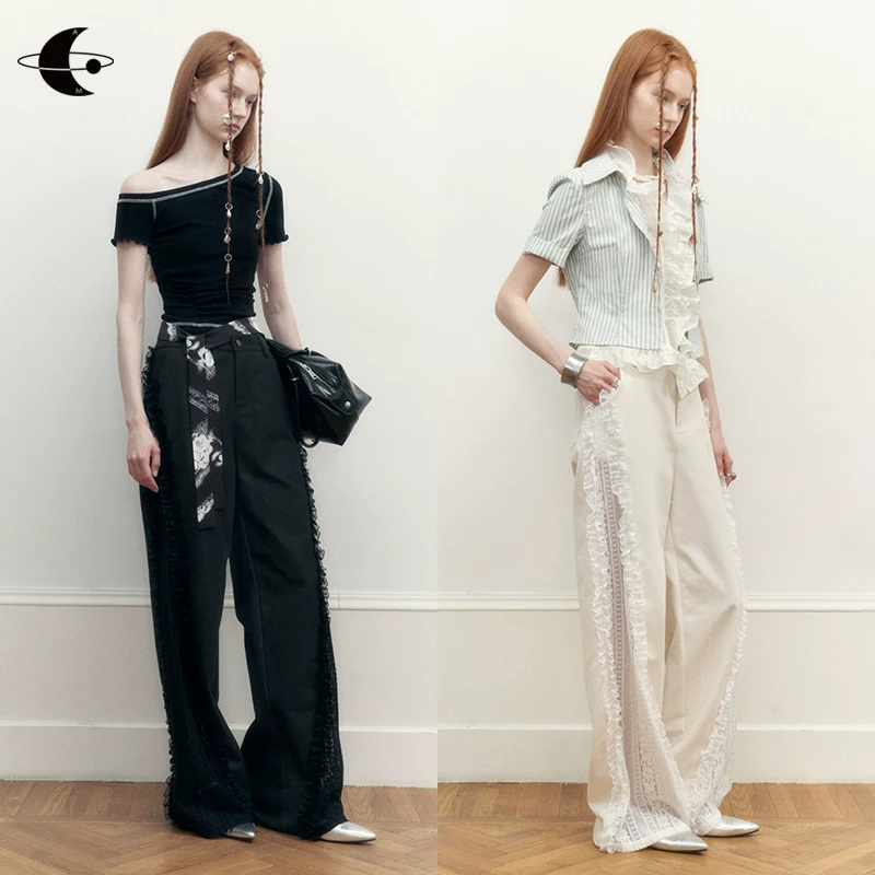 创世纪元【云缕闲步】花边蕾丝休闲裤宽松慵懒风阔腿裤AMW5S040451