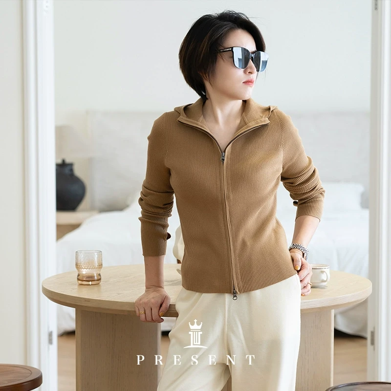 老宝娘家丨J*C匠心羊毛运动风修身拉链连帽针织开衫外套25春新款