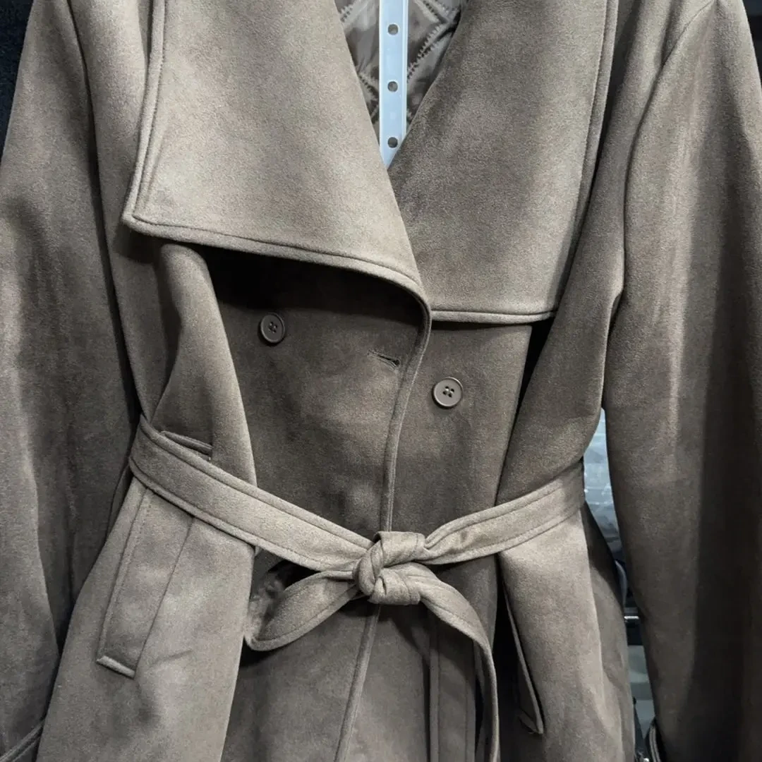 韩版复古大翻领腰带显瘦麂皮绒过膝长款冬季季风衣