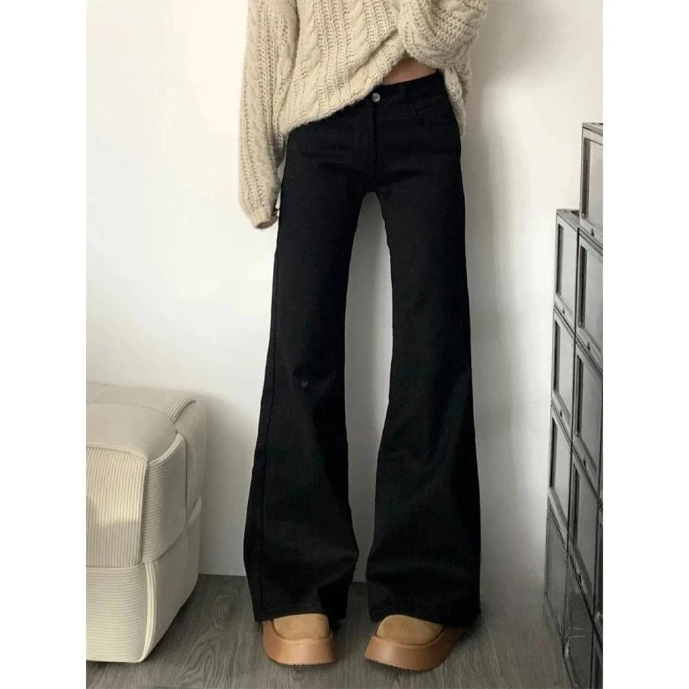 美式黑色微喇叭牛仔裤女夏季2025新款低腰显瘦高级感直筒阔腿裤子