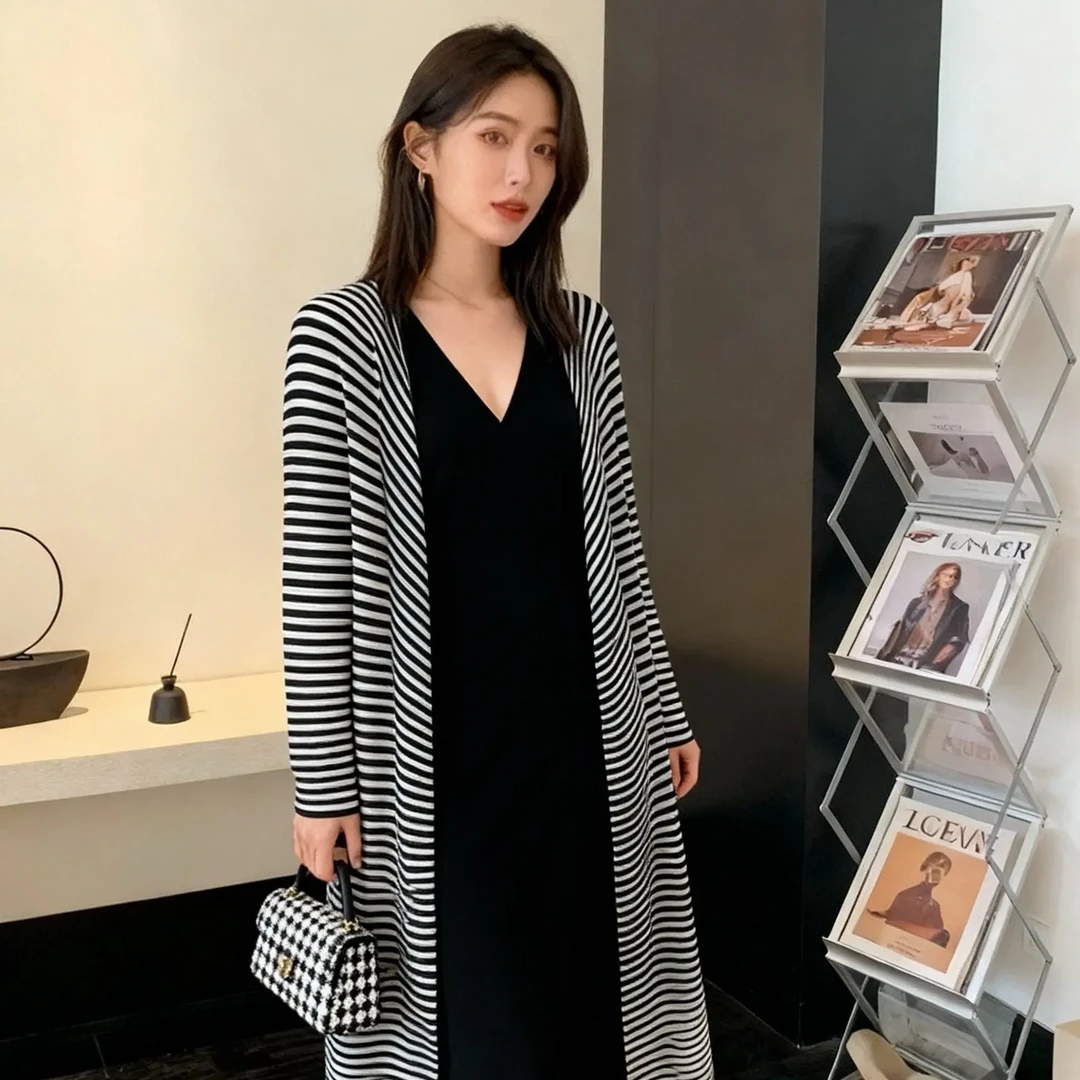 【弄影福利】毛针织衫女条纹显瘦中长款罩衫外套