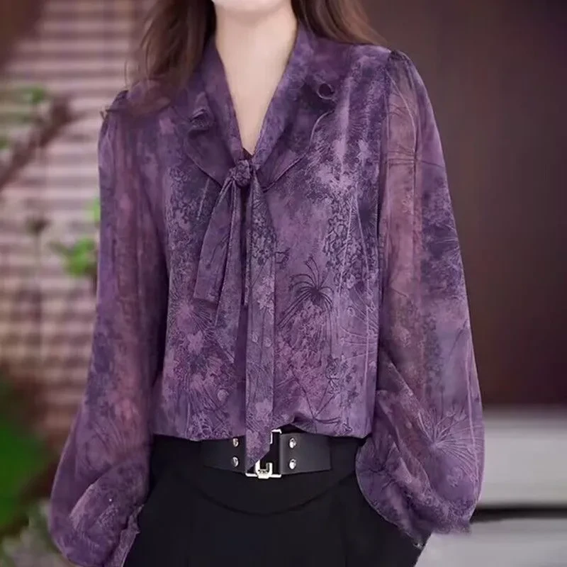 长袖雪纺春夏季V领减龄碎花衬衫紫色气质宽松显瘦上衣冰丝小衫女