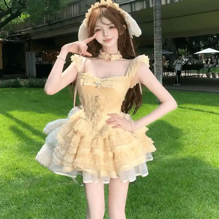 /舒衣家 法式甜美蝴蝶结方领荷叶袖洋装女设计感蕾丝花边裙