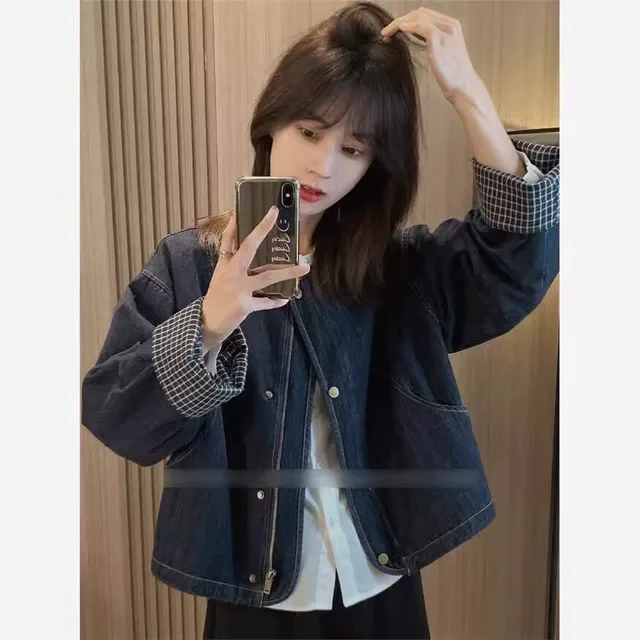 宽松休闲圆领复古牛仔外套女2025春季新款格子袖口百搭上衣