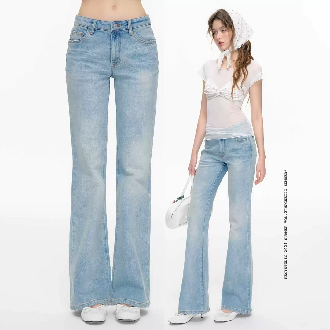 NECY 浅色樱桃走线牛仔裤直筒夏季修身小个子裤设计感水洗裤子