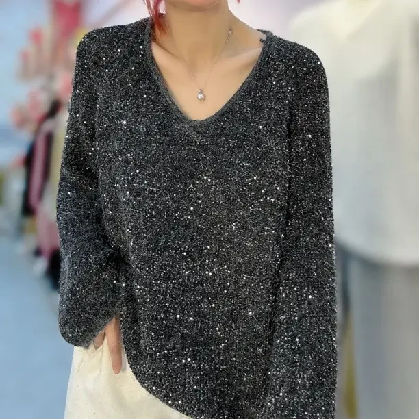 秋冬V领亮片慵懒风宽松显瘦软糯针织衫长袖毛衣上衣女
