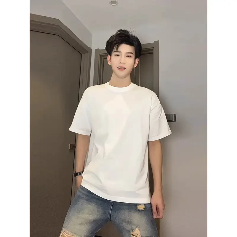 新款重磅纯色小领口短袖男生少年感潮牌内搭美式宽松痞帅纯棉T恤