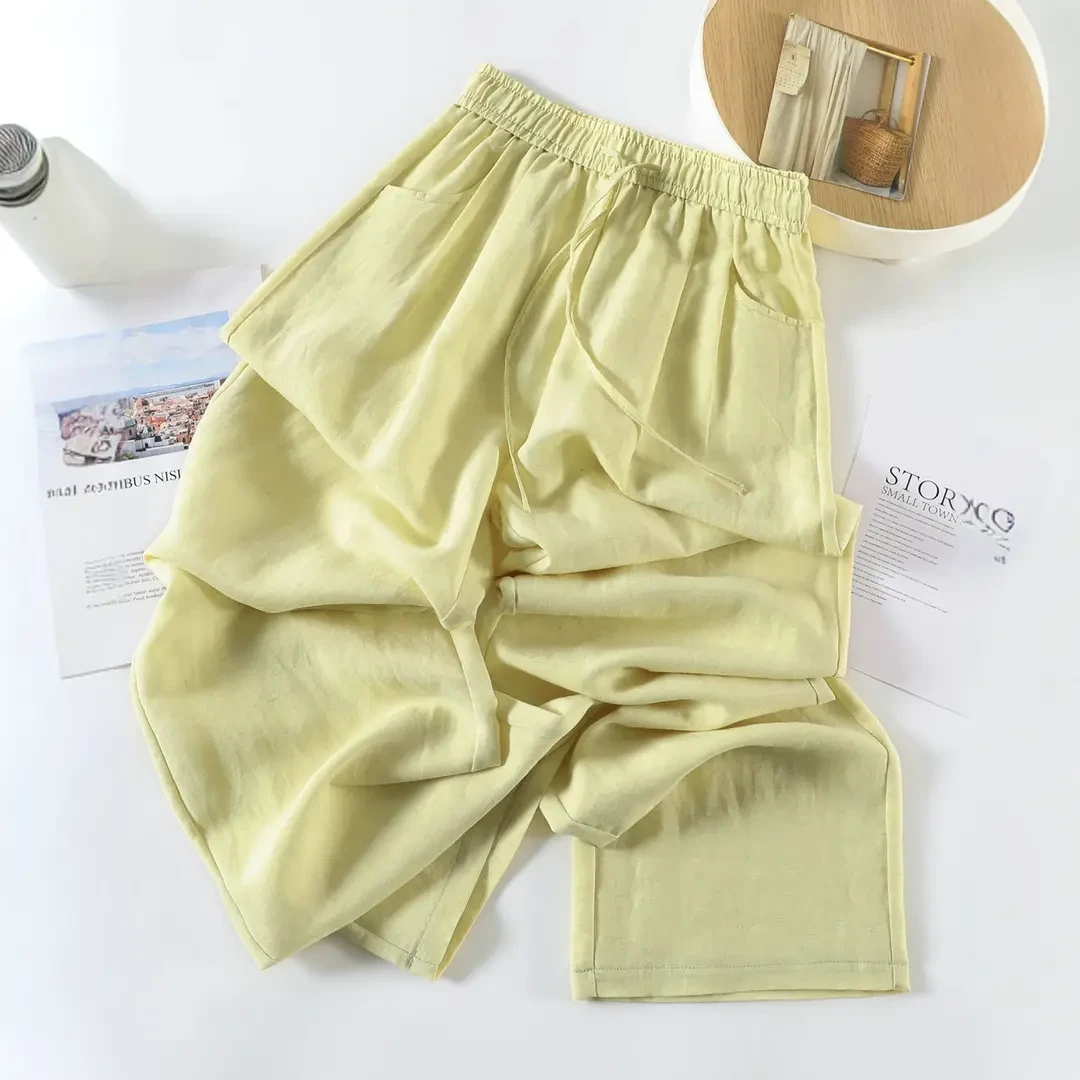 天丝亚麻黄色棉麻阔腿裤女夏季薄款2025新款高腰垂坠感九分直筒裤