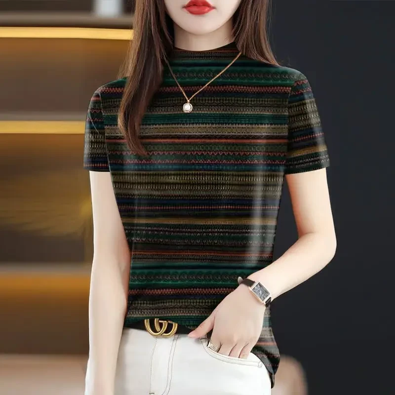 2025秋季短袖女T恤时尚半高领女装印花大码打底衫修身内搭T恤