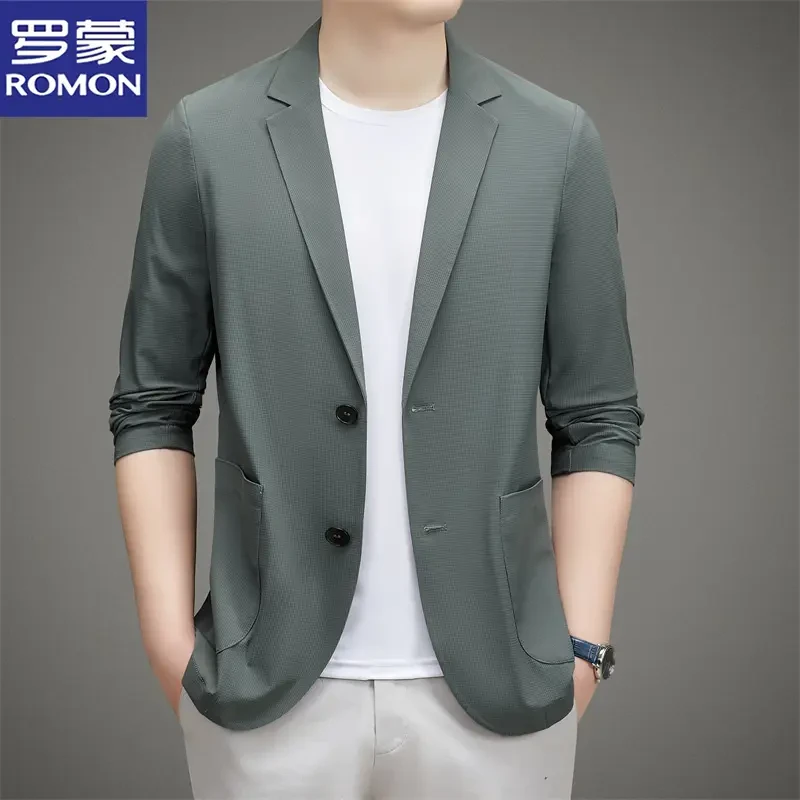罗蒙春秋季冰丝凉感防晒小西服轻薄修身纯色休闲男士商务单西外套