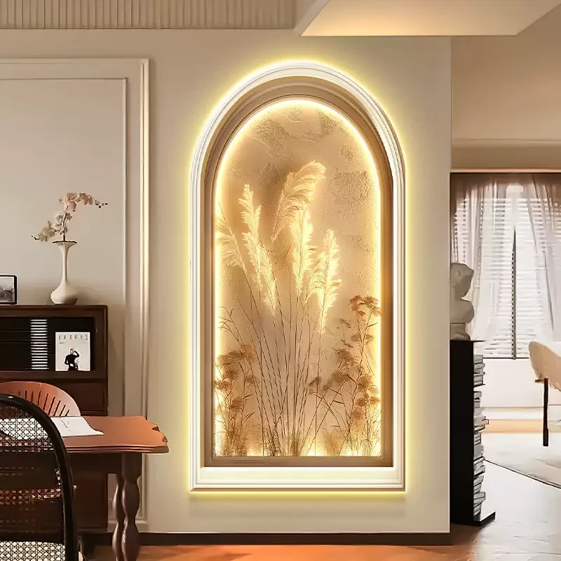高级感轻奢绿植玄关装饰画拱形走廊尽头挂画发光入户进门对墙壁画