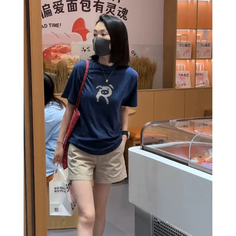 【现货】今年流行爆款独特别致印花圆领上衣藏蓝色短袖t恤女2024