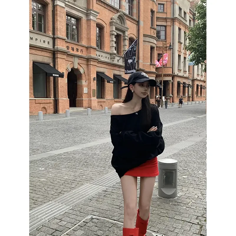 痞帅炸街风女装时尚修身显瘦长袖T恤秋季新款高腰直筒包臀半身裙