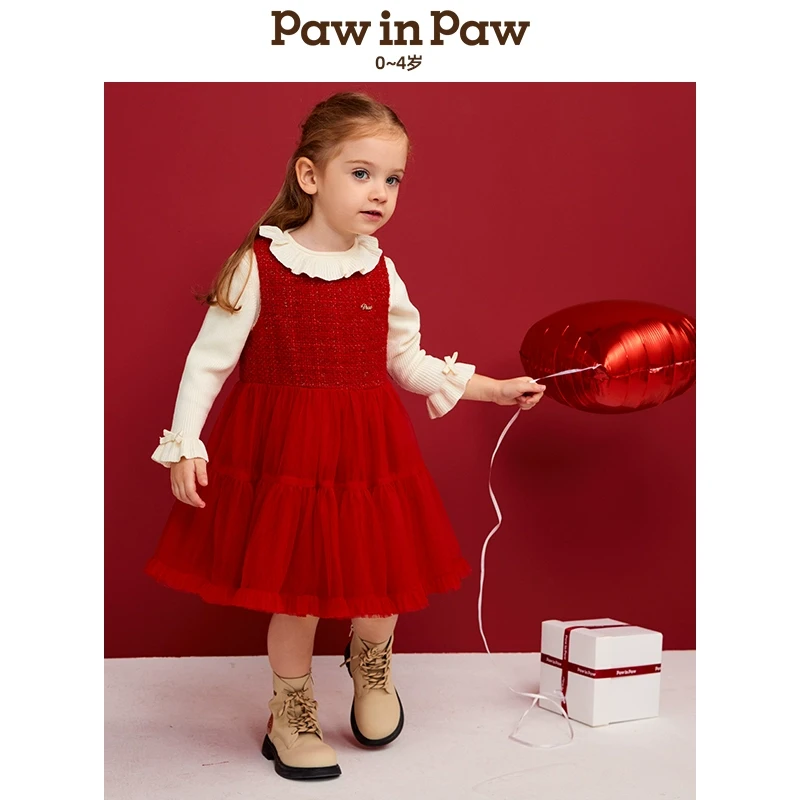 PawinPaw卡通小熊童装25年春季新款女宝红色连衣裙PCOWF1182T