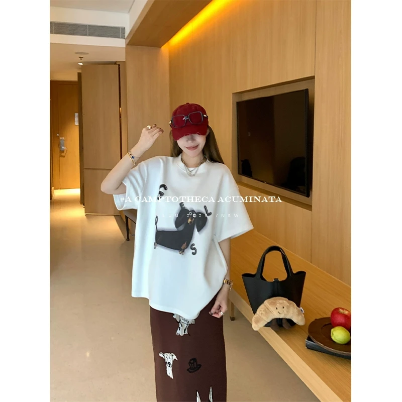 LUU桃喜儿/高克重腊肠狗印花T恤女春秋宽松短袖白色设计感上衣