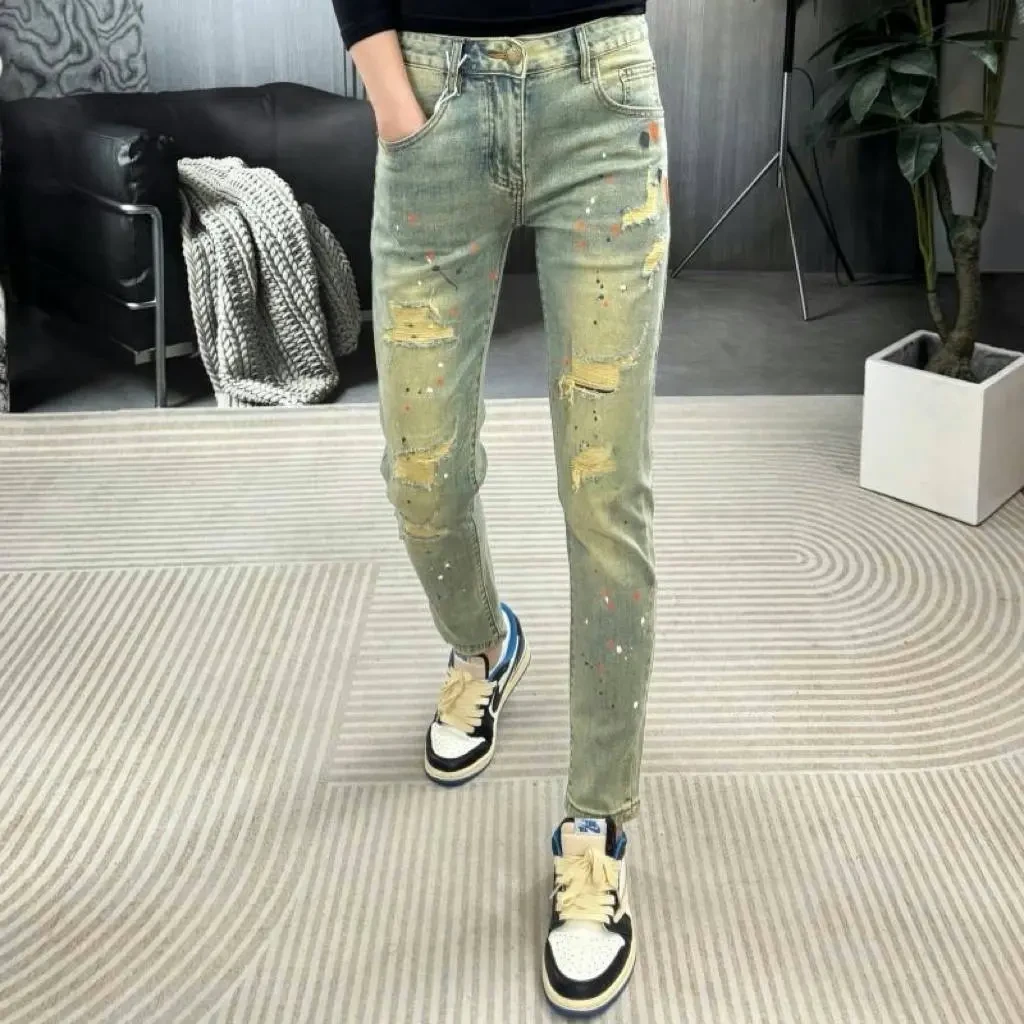 欧货夏季复古金泼墨男牛仔裤子潮流时尚弹力破洞休闲修身小脚长裤