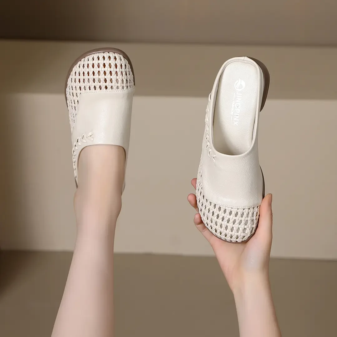 包头拖鞋女夏季外穿新款中跟镂空编织绝美半托高级一脚蹬舒适百搭