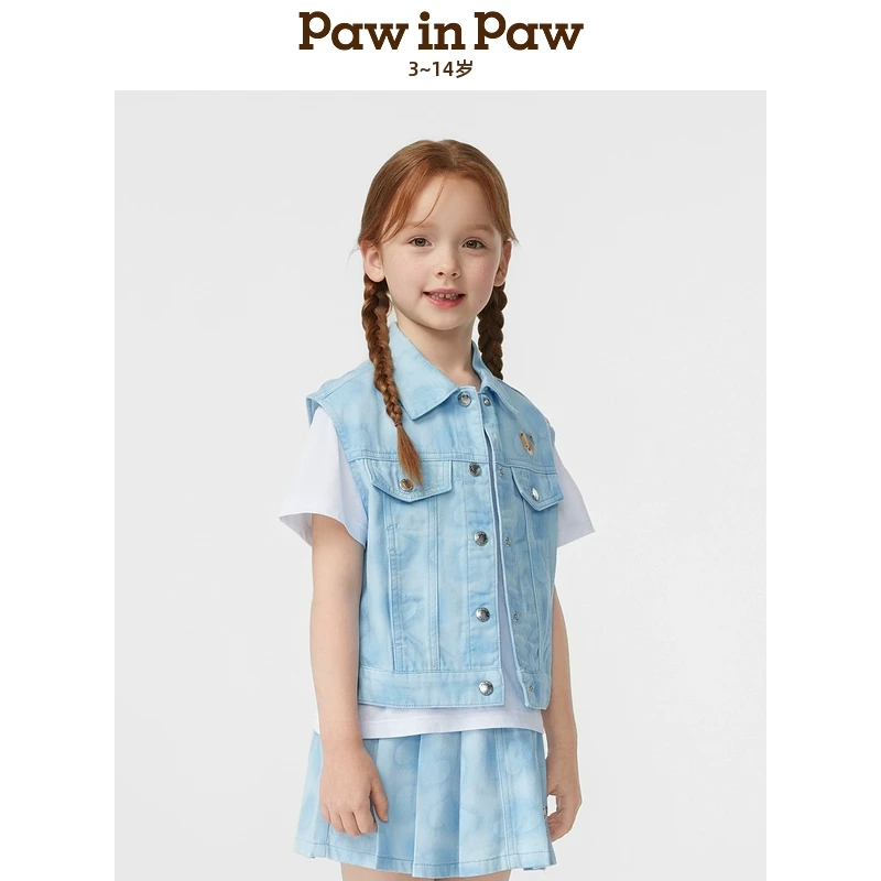 儿童运动美式风25年童装新款女童彩色牛仔马甲外套百搭PCVJF2221E