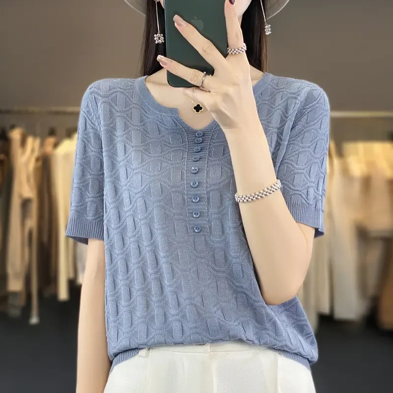 莱赛尔天丝~清凉舒适夏季V领针织短袖显瘦气质时尚百搭纯色套头