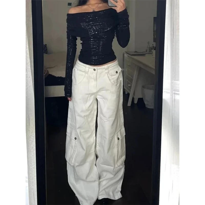 美式高街宽松显瘦白色牛仔裤女夏季高腰百搭阔腿大口袋拖地工装裤