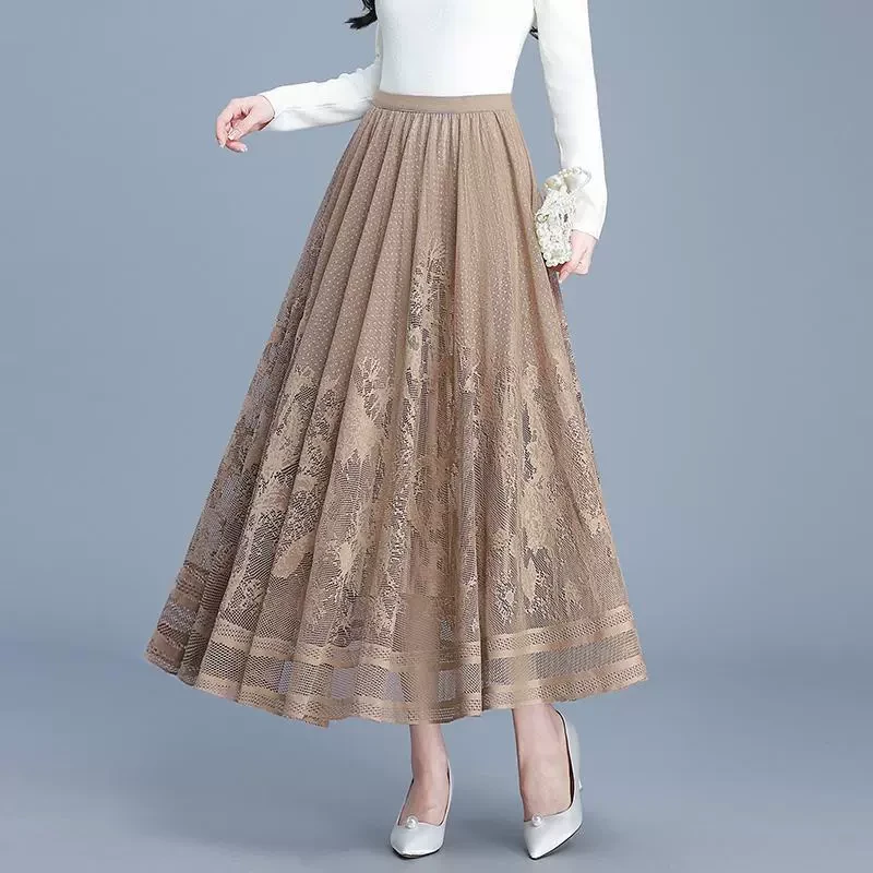 2025早春新款蕾丝半身裙仙女裙高腰a字显瘦大摆长裙两面穿百褶裙