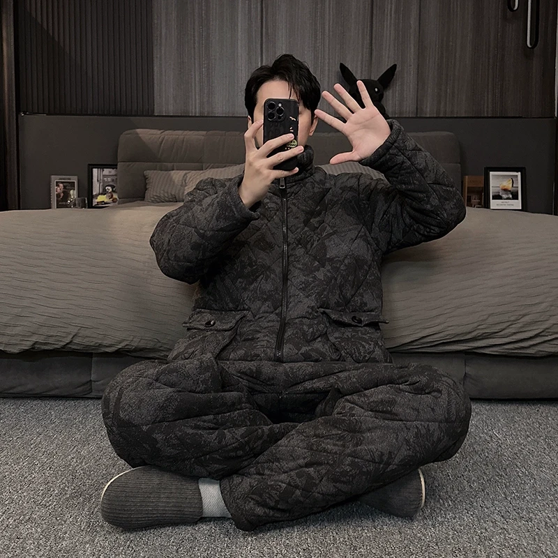 男士三层夹棉睡衣冬季可外穿拉链珊瑚绒保暖加厚加绒家居服秋冬款