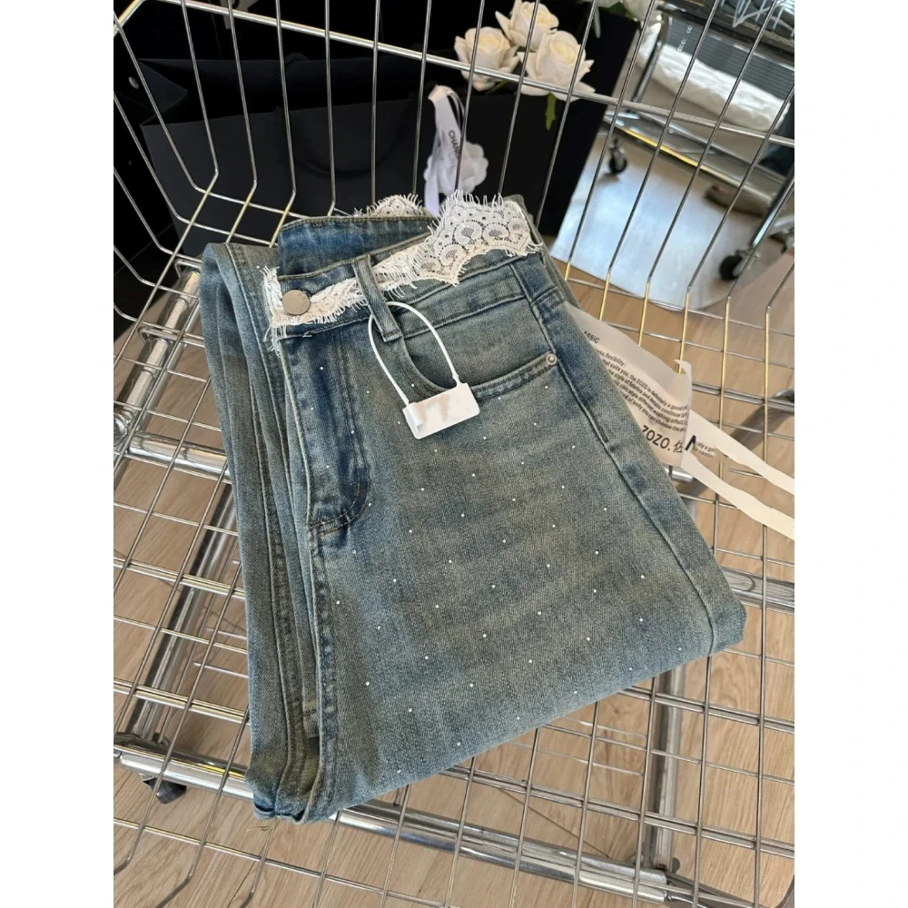 美式复古夏季蕾丝腰烫钻牛仔裤女设计感小众直筒显瘦宽松破洞裤子