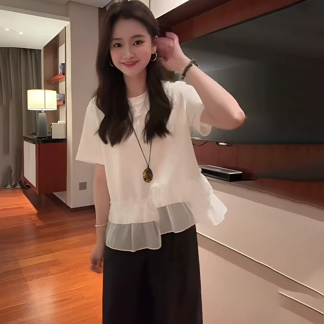 白色拼接蕾丝花边正肩短袖t恤女2025新款夏季宽松小个子洋气上衣