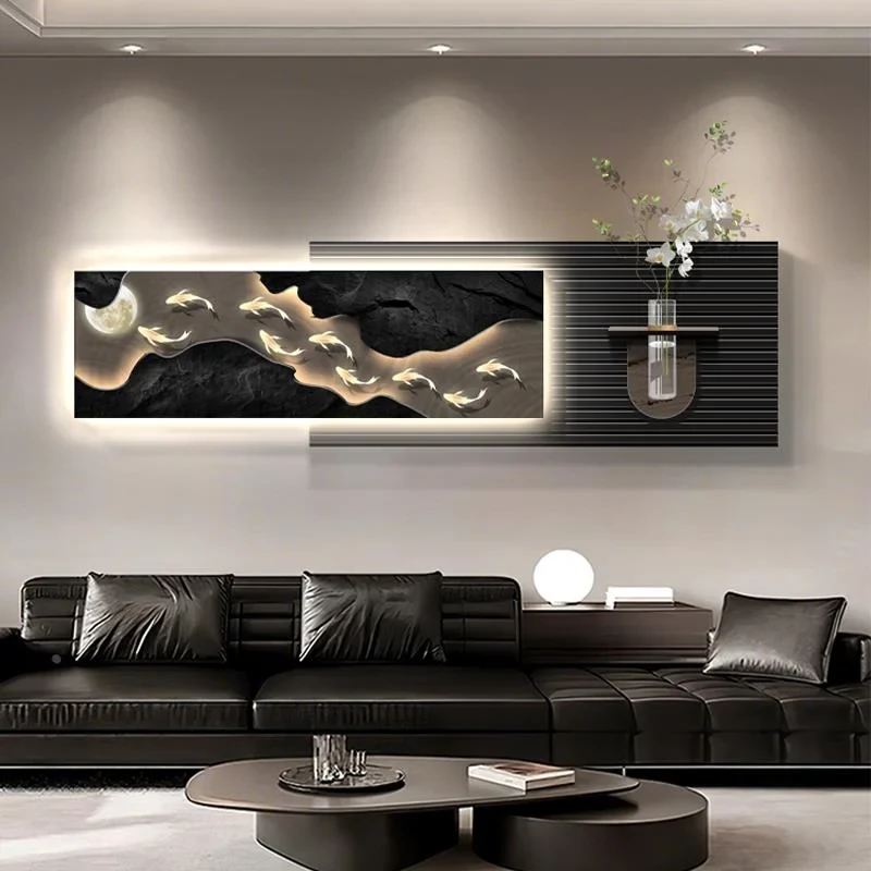 九鱼呈祥客厅装饰画轻奢大气沙发背景墙挂画高级感水培绿植壁灯画