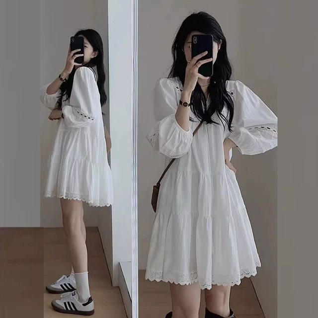 春夏法式白色泡泡袖衬衫连衣裙女春秋新款学生长袖穿搭中长款裙子