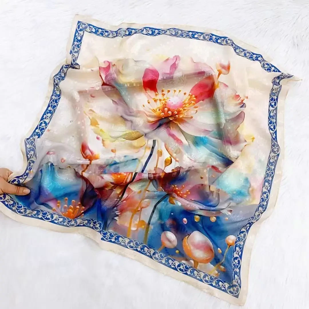 七彩莲高奢手工剪花围巾高档百搭70方巾