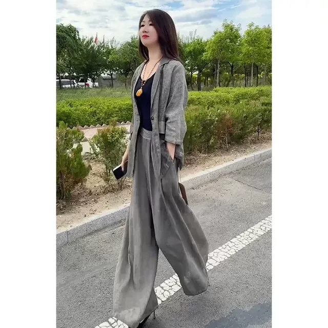 2024秋装慵懒风高级设计感干练气质宽松外套阔腿裤休闲两件套装女