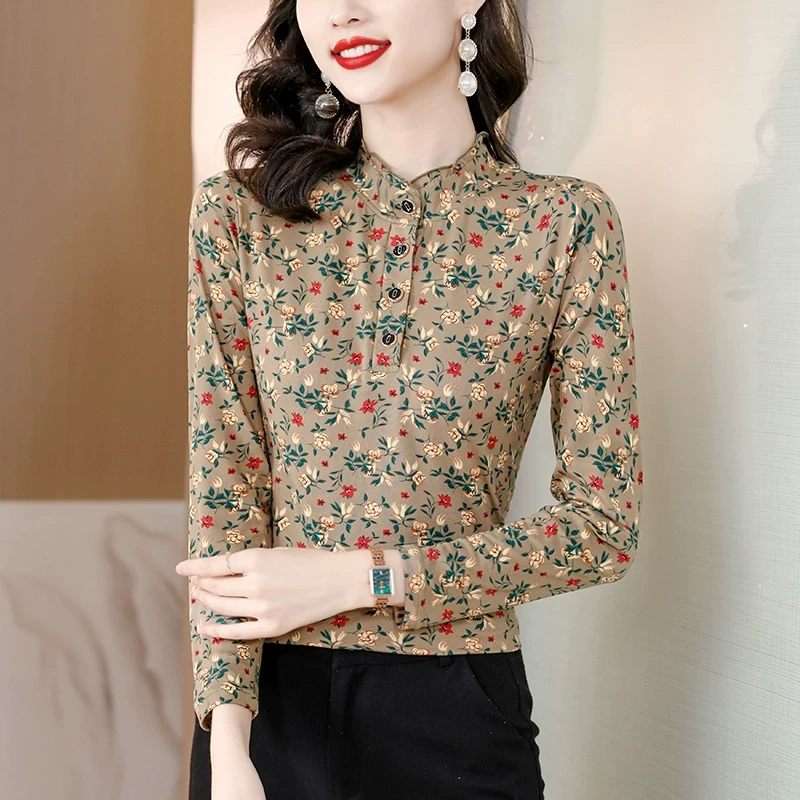 洋气碎花立领打底衫女春秋2025秋季新款修身长袖T恤秋装内搭上衣