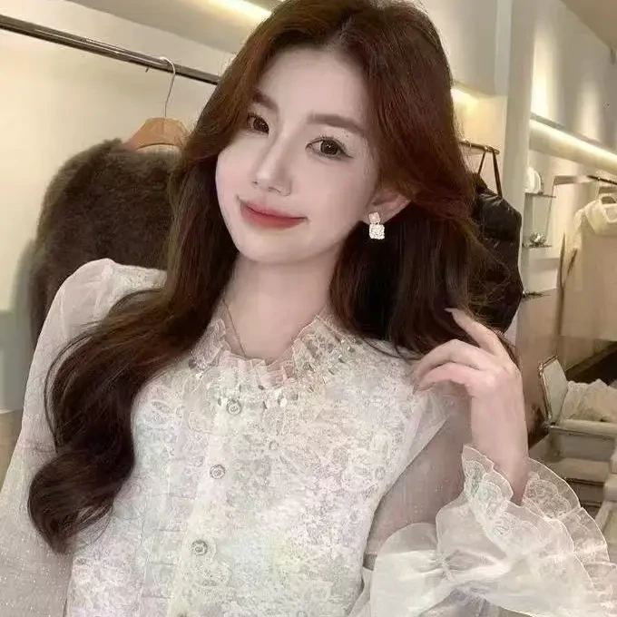 优雅白色蕾丝长袖衬衫带荷叶边设计蕾丝衬衣衬衫上衣气质长袖