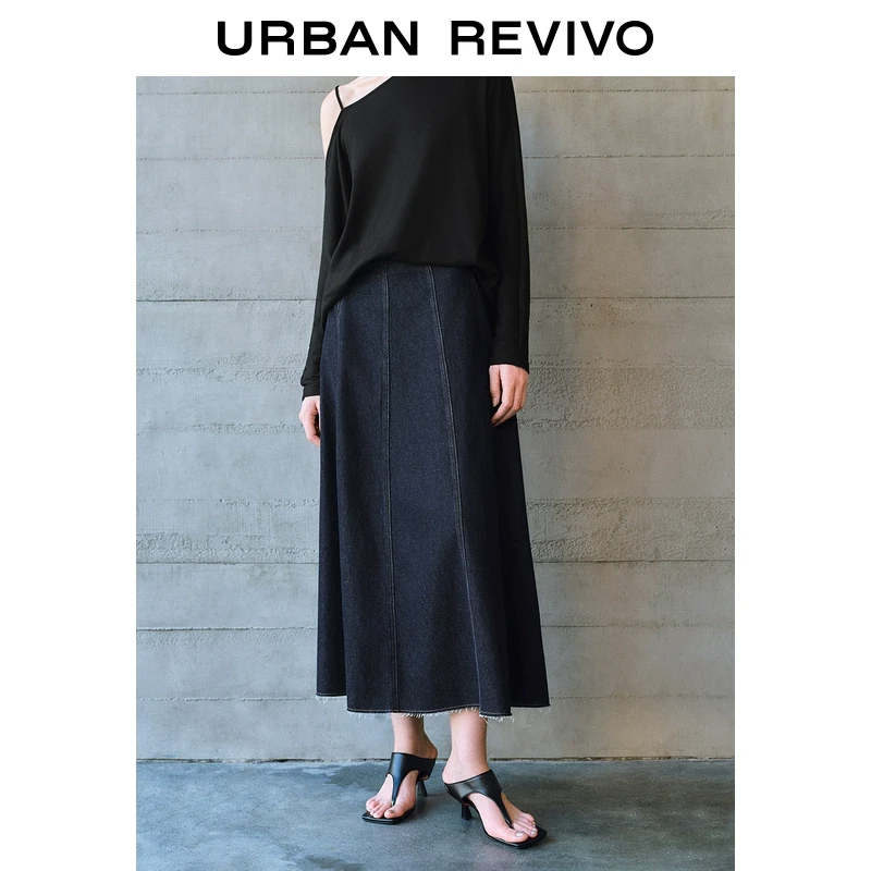 UR2025秋季新款女装复古撞色明线后拉链牛仔半裙UWM850083