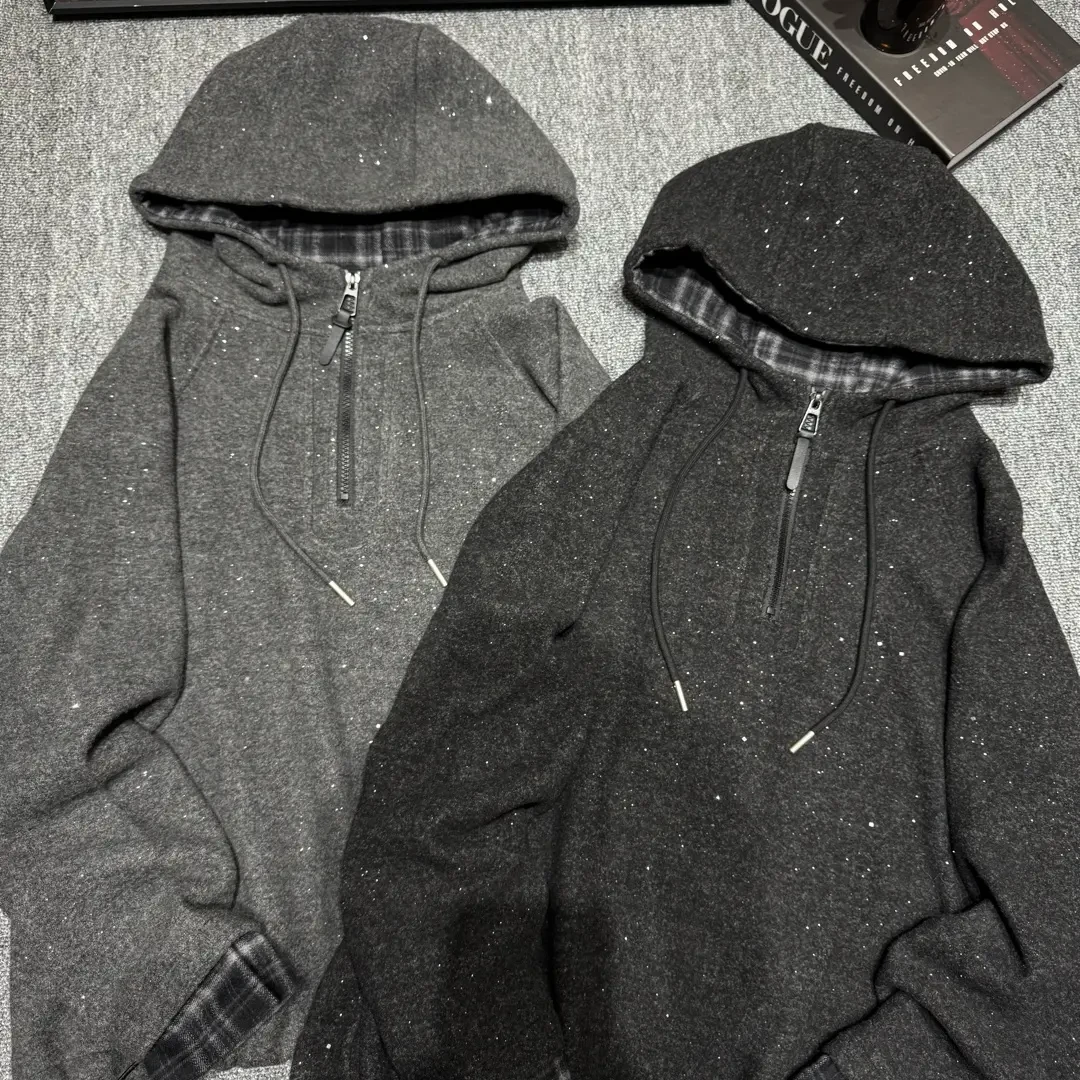 冬季设计感亮片连帽卫衣女休闲宽松半拉链套头加绒上衣潮