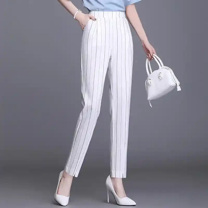 白色裤子女九分裤2025夏季薄款哈伦裤高腰西装裤大码休闲裤直筒裤