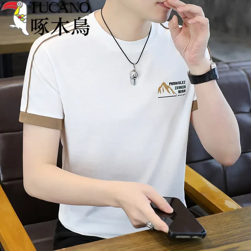 啄木鸟夏季新款男士短袖T恤高档纯色透气印花潮流圆领半袖polo衫